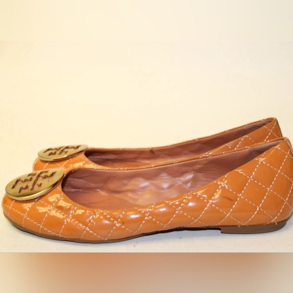 Tory Burch Reva Quilted Patent Leather Ballet Flats Orange Camel Brown Vachetta - Picture 3 of 10